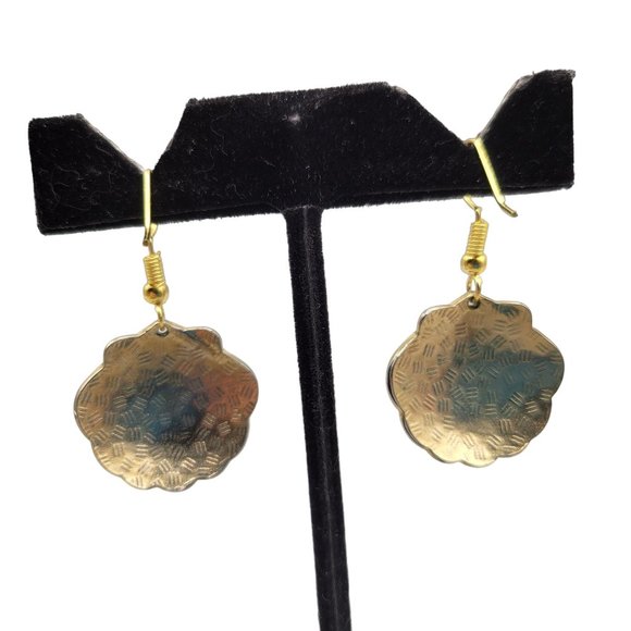 Cloisonne Enamel Clam Shell Earrings Brown Gold Dangle Drop Wire Hooks - Picture 4 of 4